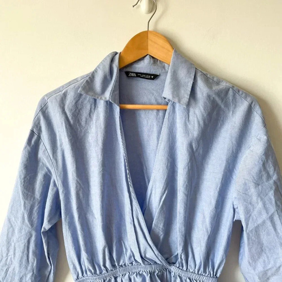 Zara Chambray Long Sleeve Shirt Dress Sky Blue Size Small - Picture 6 of 10